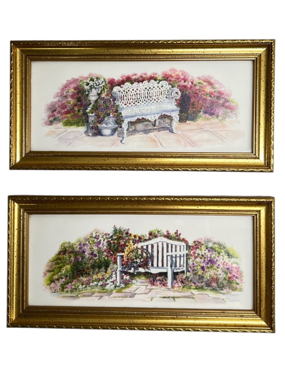 Vintage Set of 2 Floral Garden Bench Prints in Gold Frames
